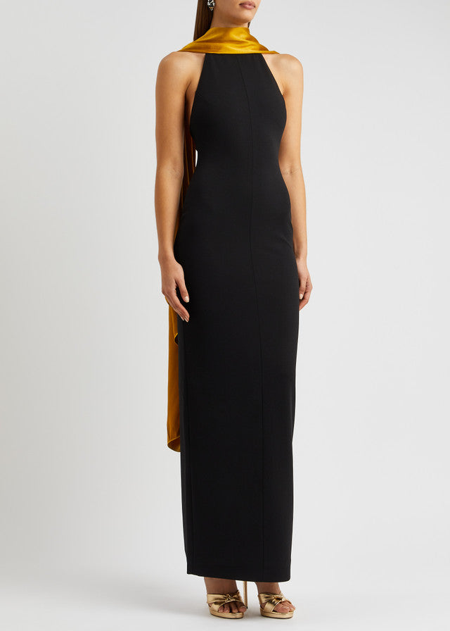Black halterneck maxi dress with gold satin scarf detail — Solace London | Endless UAE