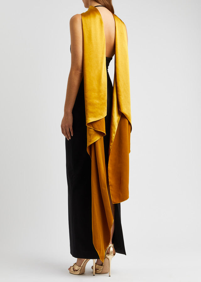 Black halterneck maxi dress with gold satin scarf detail — Solace London | Endless UAE