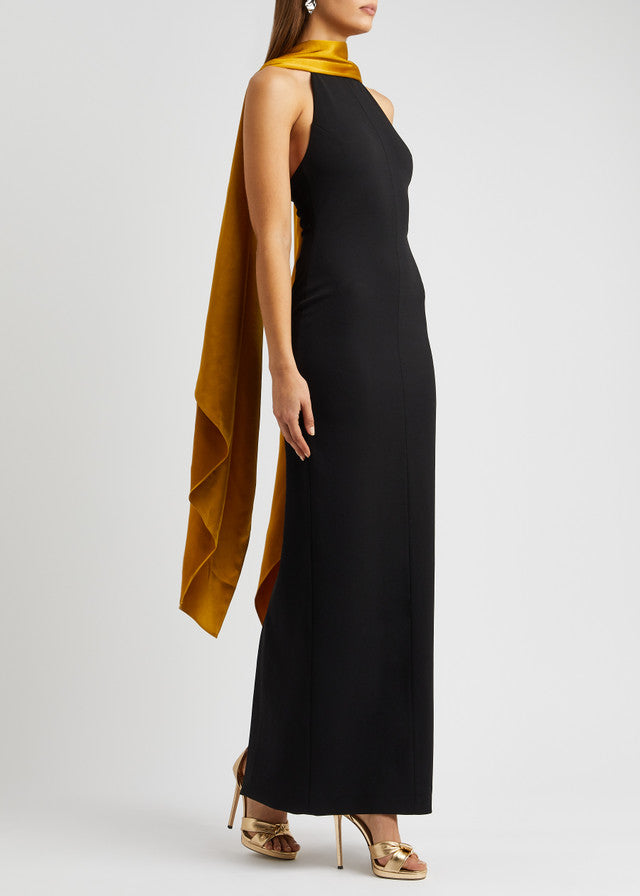 Black halterneck maxi dress with gold satin scarf detail — Solace London | Endless UAE