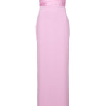 Woman wearing pink strapless satin crepe maxi dress with ruched detailing — Solace | Endless UAE