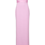 Woman wearing pink strapless satin crepe maxi dress with ruched detailing — Solace | Endless UAE