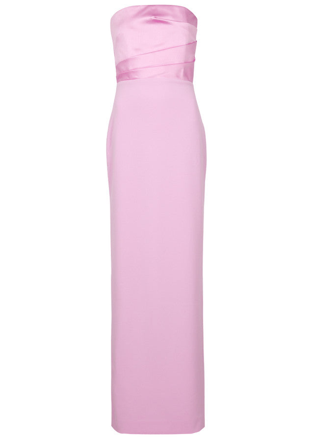 Woman wearing pink strapless satin crepe maxi dress with ruched detailing — Solace | Endless UAE