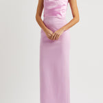 Woman wearing pink strapless satin crepe maxi dress with ruched detailing — Solace | Endless UAE