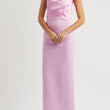 Woman wearing pink strapless satin crepe maxi dress with ruched detailing — Solace | Endless UAE