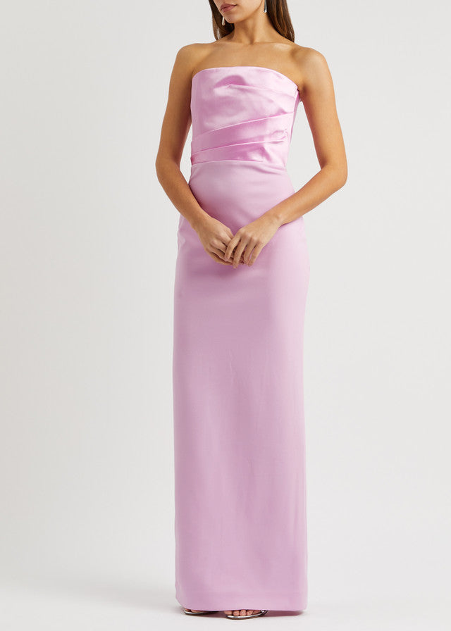 Woman wearing pink strapless satin crepe maxi dress with ruched detailing — Solace | Endless UAE