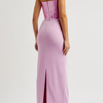 Woman wearing pink strapless satin crepe maxi dress with ruched detailing — Solace | Endless UAE