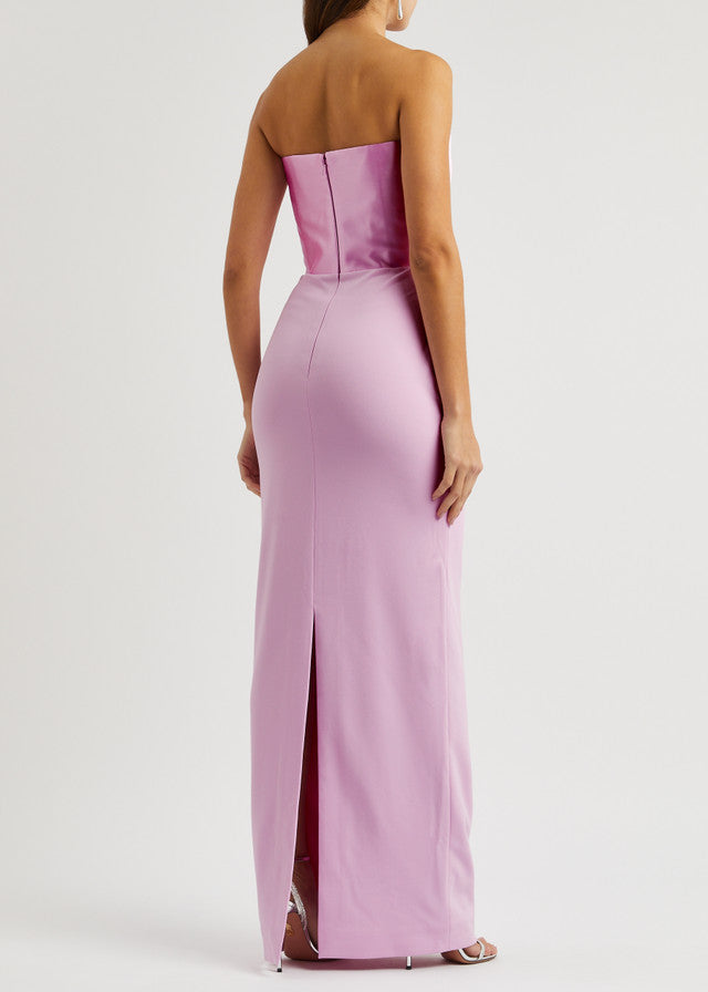 Woman wearing pink strapless satin crepe maxi dress with ruched detailing — Solace | Endless UAE