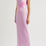 Woman wearing pink strapless satin crepe maxi dress with ruched detailing — Solace | Endless UAE