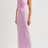 Woman wearing pink strapless satin crepe maxi dress with ruched detailing — Solace | Endless UAE