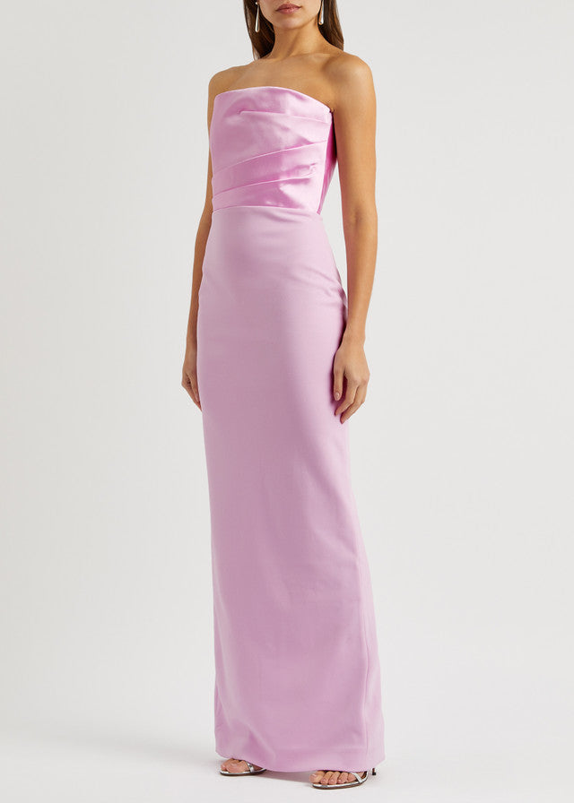 Woman wearing pink strapless satin crepe maxi dress with ruched detailing — Solace | Endless UAE