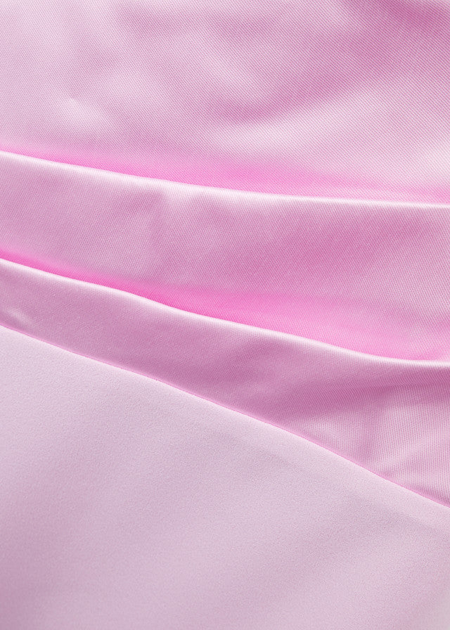 Woman wearing pink strapless satin crepe maxi dress with ruched detailing — Solace | Endless UAE