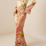 Sama Long Dress in cream floral print with bell sleeves — Hemant & Nandita | Endless UAE