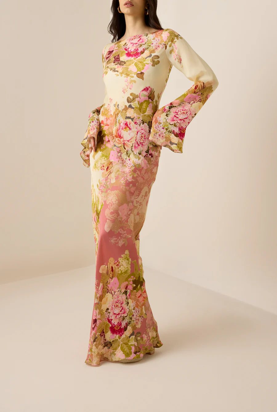 Sama Long Dress in cream floral print with bell sleeves — Hemant & Nandita | Endless UAE