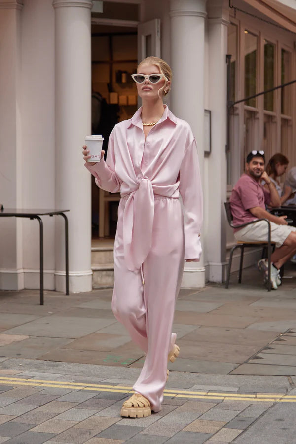 Pink tie-up shirt worn as a dress with white sunglasses — By Keara | Endless UAE