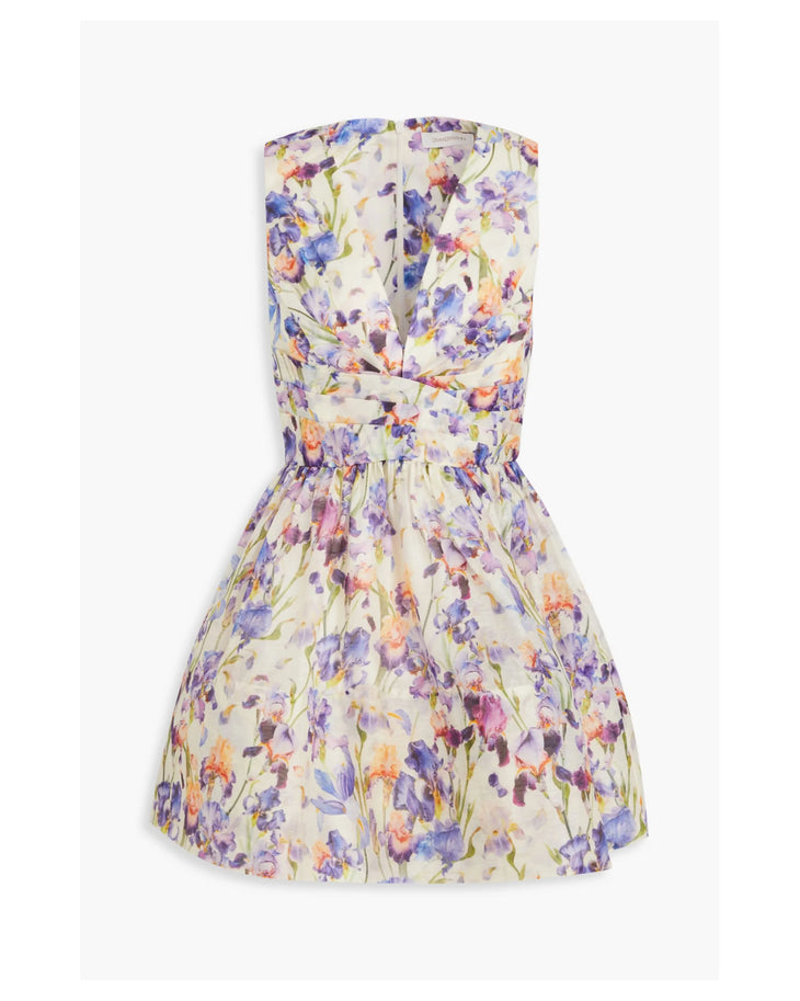 Pleated floral-print linen silk-blend mini dress in cream with purple and orange flowers — Zimmermann | Endless UAE