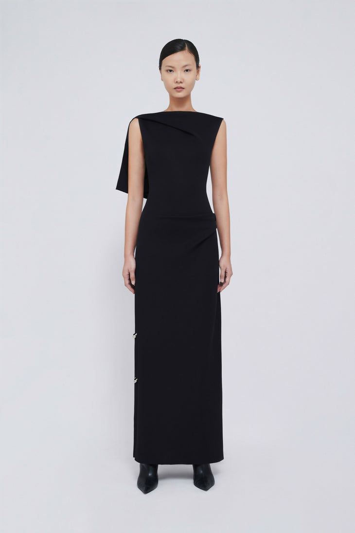 Black sleeveless maxi dress with draped shoulder detail and side buttons — Chats By C.Dam | Endless UAE