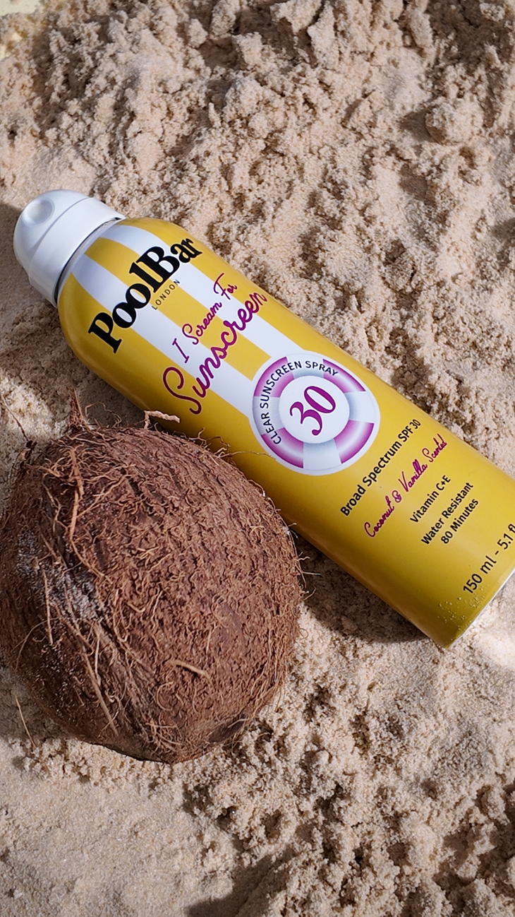 I Scream For Sunscreen SPF 30 spray bottle with yellow and white striped design — PoolBar London | Endless UAE