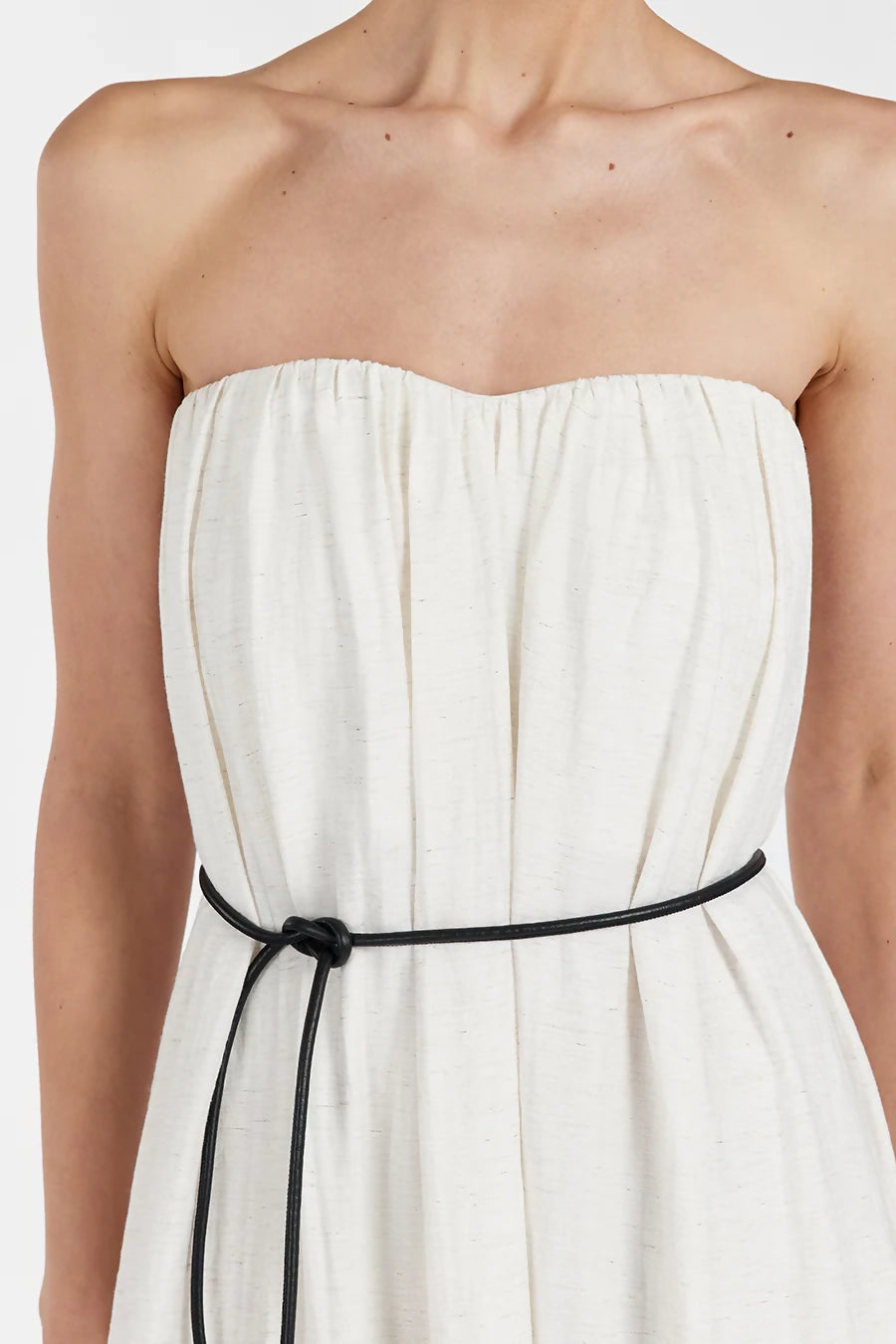 Strapless cream marle midi dress with black waist tie and gathered bodice detail — Dissh | Endless UAE