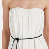 Strapless cream marle midi dress with black waist tie and gathered bodice detail — Dissh | Endless UAE