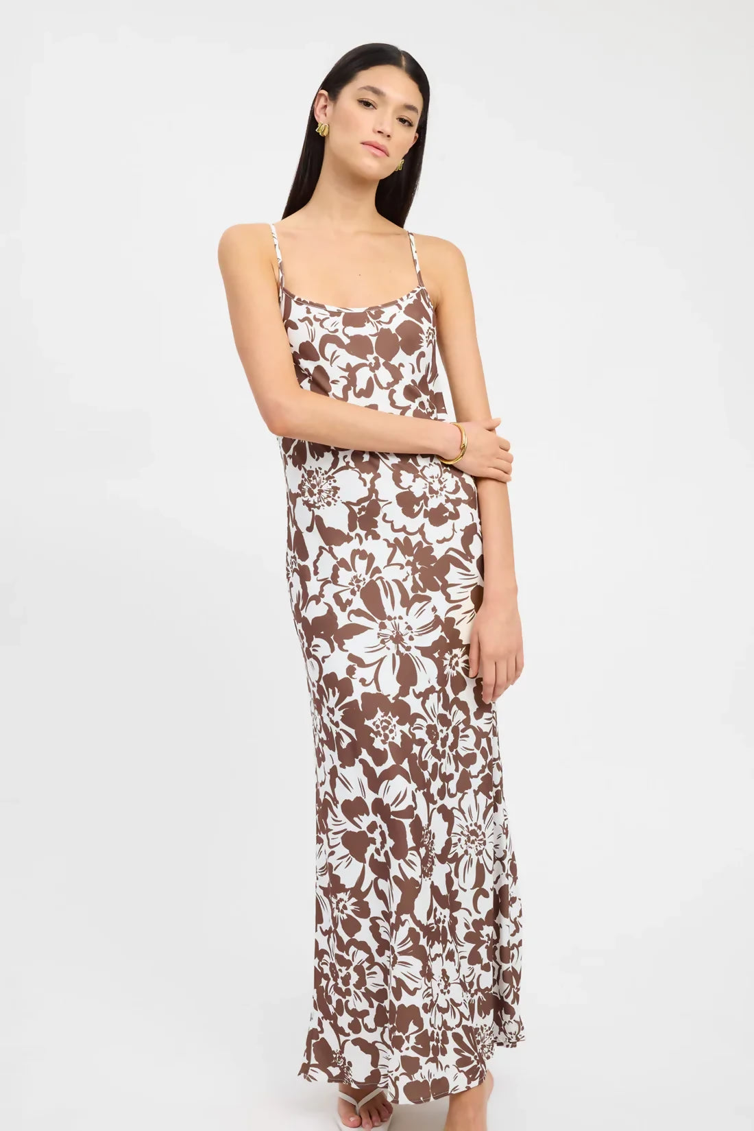 Summerset Print Dress in brown and white floral pattern with thin straps and maxi length — Kookai | Endless UAE