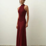 Burgundy ribbed sleeveless maxi dress with high neckline and flowing skirt — Nora the Label | Endless UAE