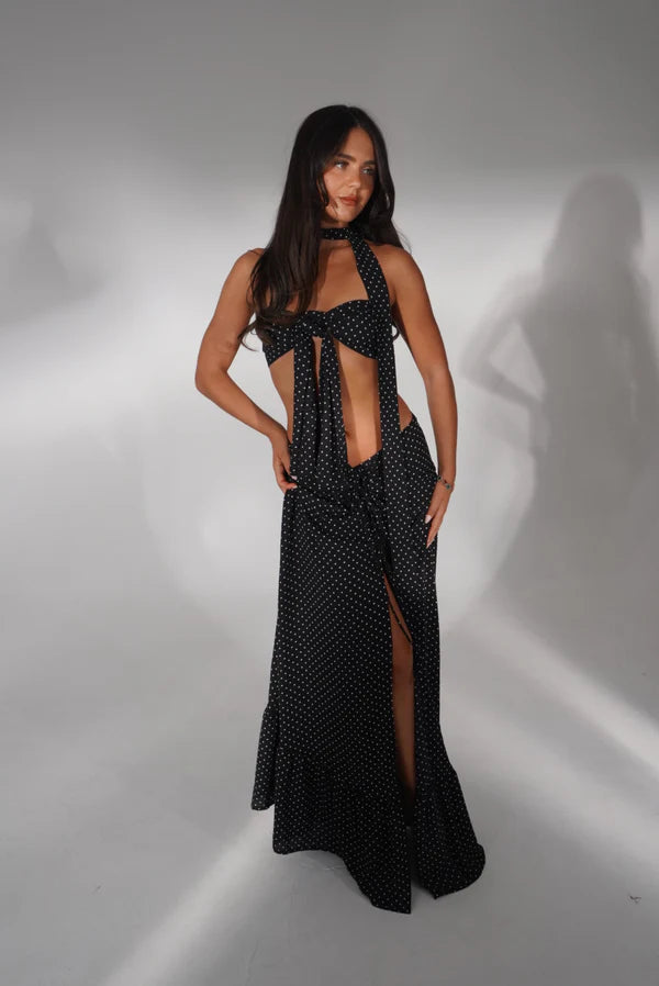 Black polka dot halter neck co-ord set with cutout detail — Deme Studio | Endless UAE