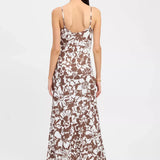 Summerset Print Dress in brown and white floral pattern, back view on model with spaghetti straps and maxi length — Kookai | Endless UAE