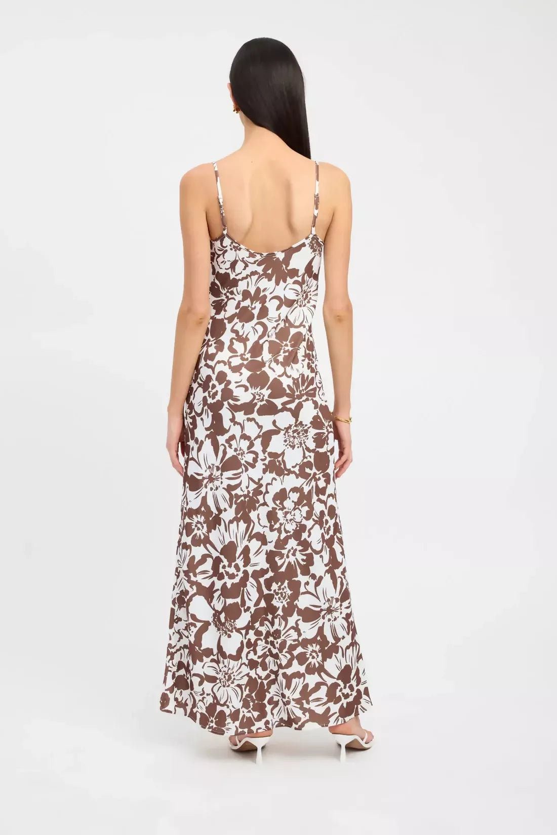 Summerset Print Dress in brown and white floral pattern, back view on model with spaghetti straps and maxi length — Kookai | Endless UAE