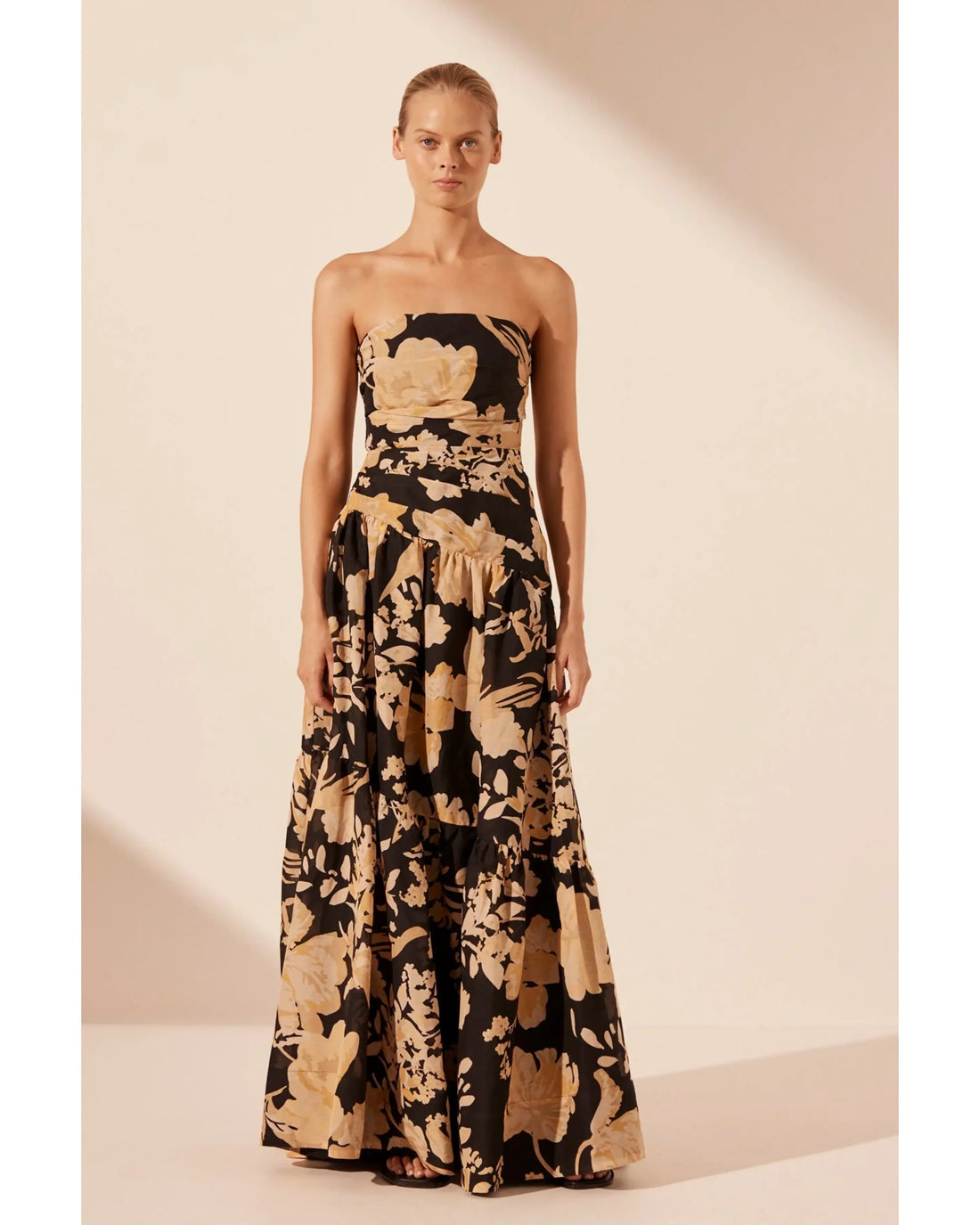 Xenia Strapless Tiered Maxi Dress in black and tan floral print — Shona Joy | Endless UAE
