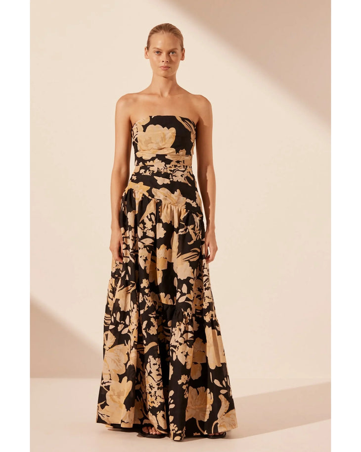 Xenia Strapless Tiered Maxi Dress in black and tan floral print — Shona Joy | Endless UAE