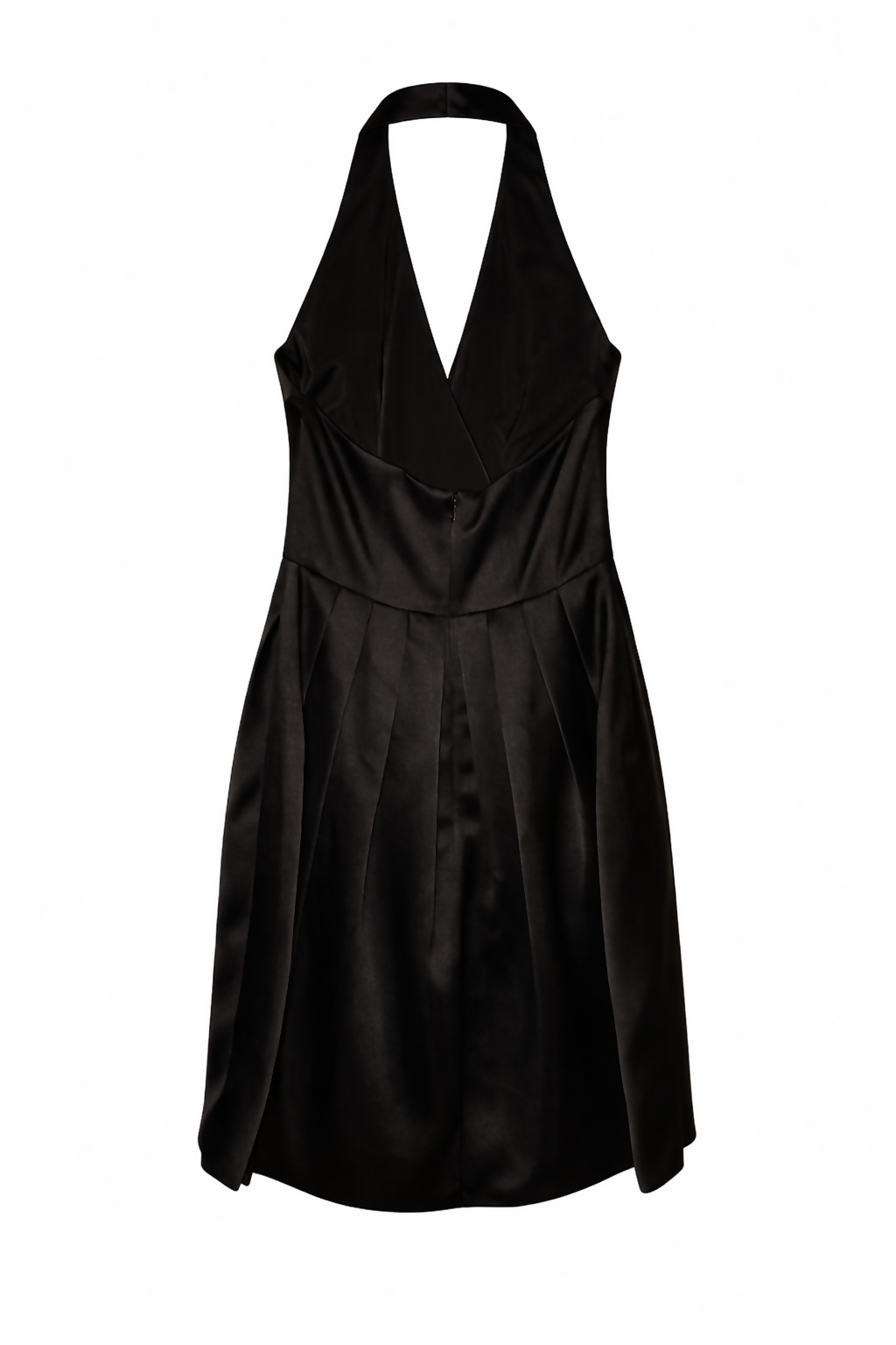 Black and beige satin halter cocktail dress with ruffled front detail — Halston Heritage | Endless UAE