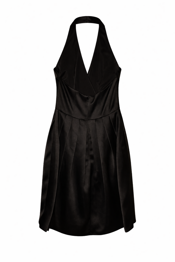 Black and beige satin halter cocktail dress with ruffled front detail — Halston Heritage | Endless UAE