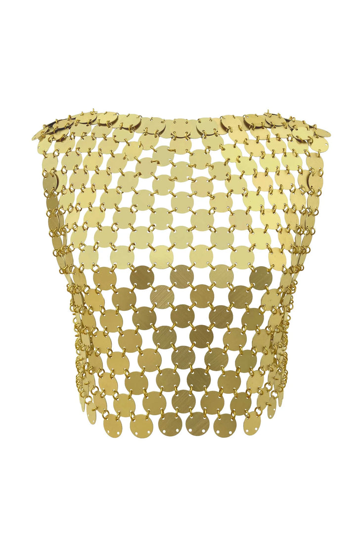Gold sequin chainmail crop top with black high-waisted trousers — Isabel Moore | Endless UAE