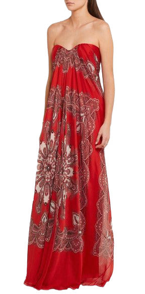 Red paisley-print silk-chiffon strapless gown with sweetheart neckline — Alexander McQueen | Endless UAE