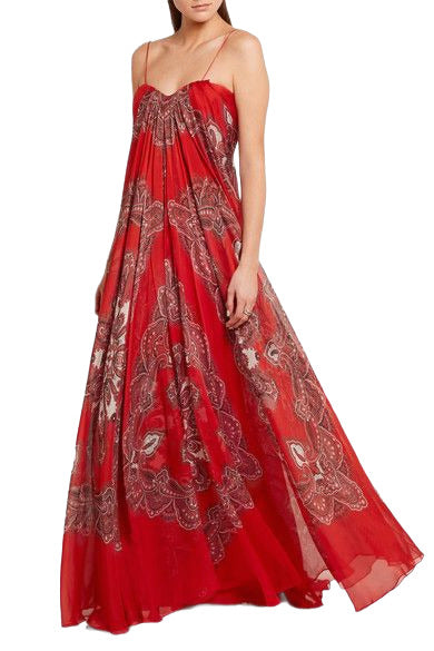 Red paisley-print silk-chiffon strapless gown with sweetheart neckline — Alexander McQueen | Endless UAE