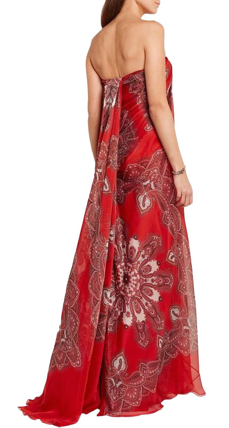 Red paisley-print silk-chiffon strapless gown with sweetheart neckline — Alexander McQueen | Endless UAE
