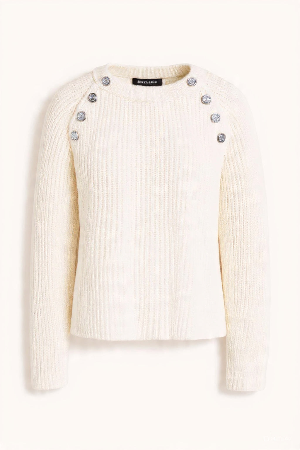 Cream ribbed knit sweater with silver-tone button details on shoulders — Maje | Endless UAE