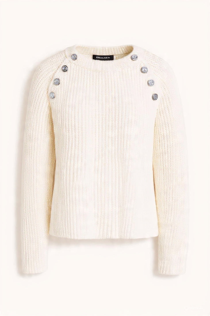 Cream ribbed knit sweater with silver-tone button details on shoulders — Maje | Endless UAE