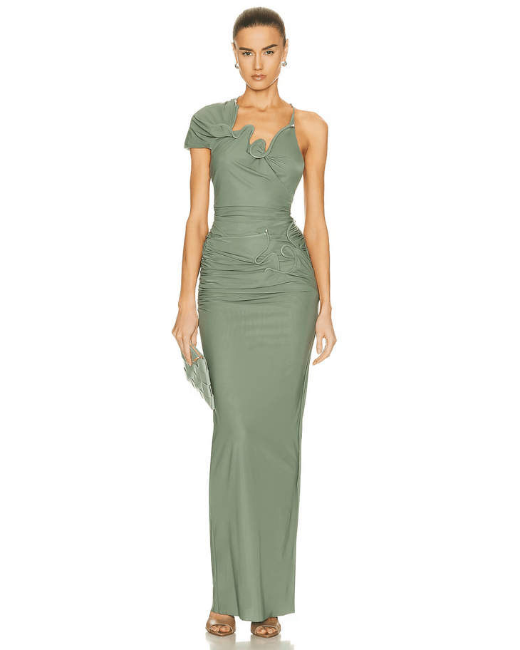 Sage green maxi skirt with ruched waist detail and asymmetric draping in sheer jersey fabric — Christopher Esber | Endless UAE
