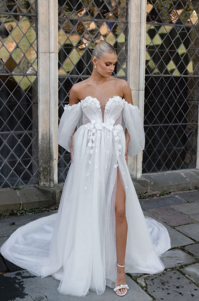 Audrey off-shoulder white tulle wedding gown with puffed sleeves and high slit — Jenny Yoo | Endless UAE