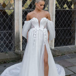 Audrey off-shoulder white tulle wedding gown with puffed sleeves and high slit — Jenny Yoo | Endless UAE