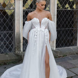 Audrey off-shoulder white tulle wedding gown with puffed sleeves and high slit — Jenny Yoo | Endless UAE