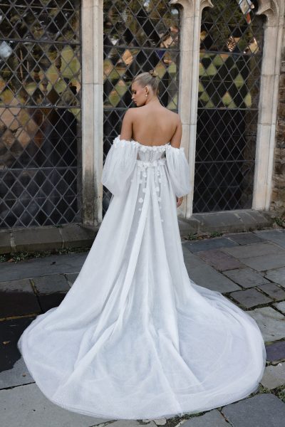 Audrey off-shoulder white tulle wedding gown with puffed sleeves and high slit — Jenny Yoo | Endless UAE