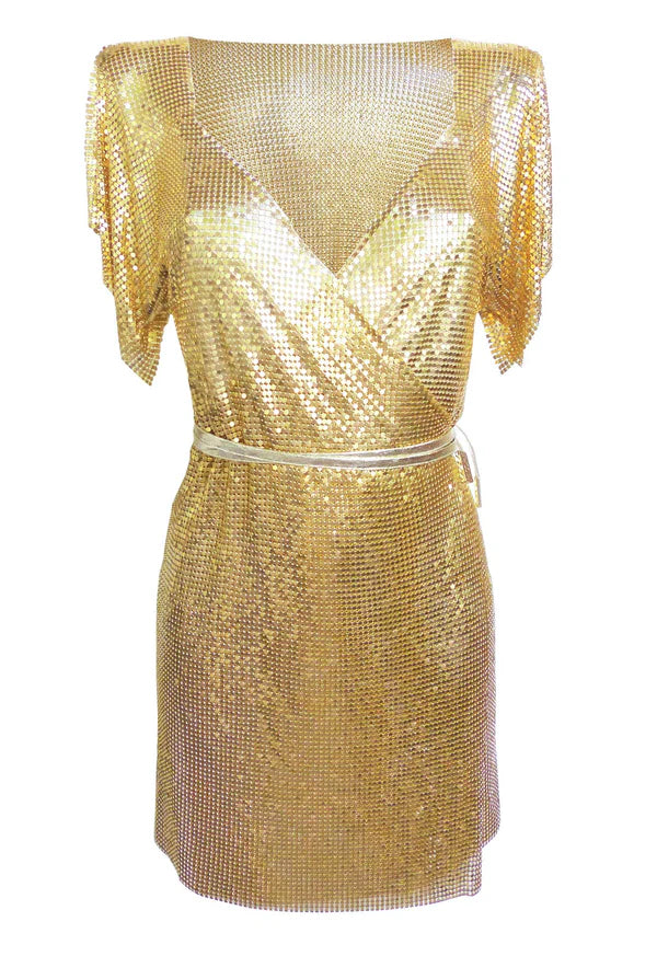 Gold sequin wrap dress with short sleeves styled with black boots — Isabel Moore | Endless UAE