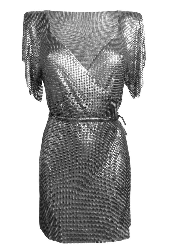 Aura Dress in Gunmetal sequin wrap style with short sleeves — Isabel Moore | Endless UAE