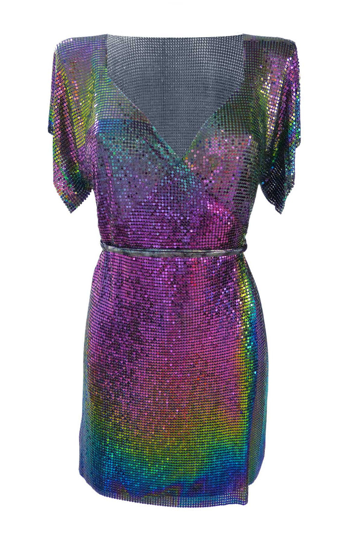 Aura Dress in multicolor sequin with petrol tones, short sleeves and wrap waist — Isabel Moore | Endless UAE