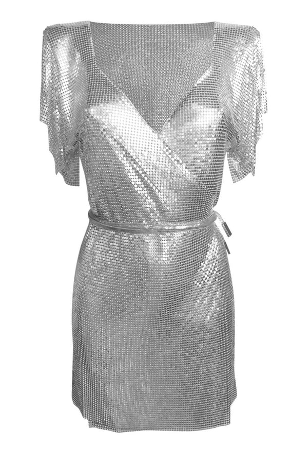 Silver sequin wrap dress with short sleeves on model — Isabel Moore | Endless UAE
