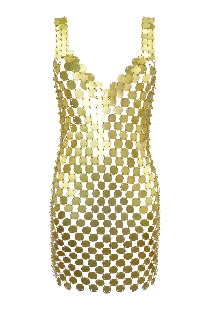 Aurora Dress in gold and white sequins on model at night — Isabel Moore | Endless UAE