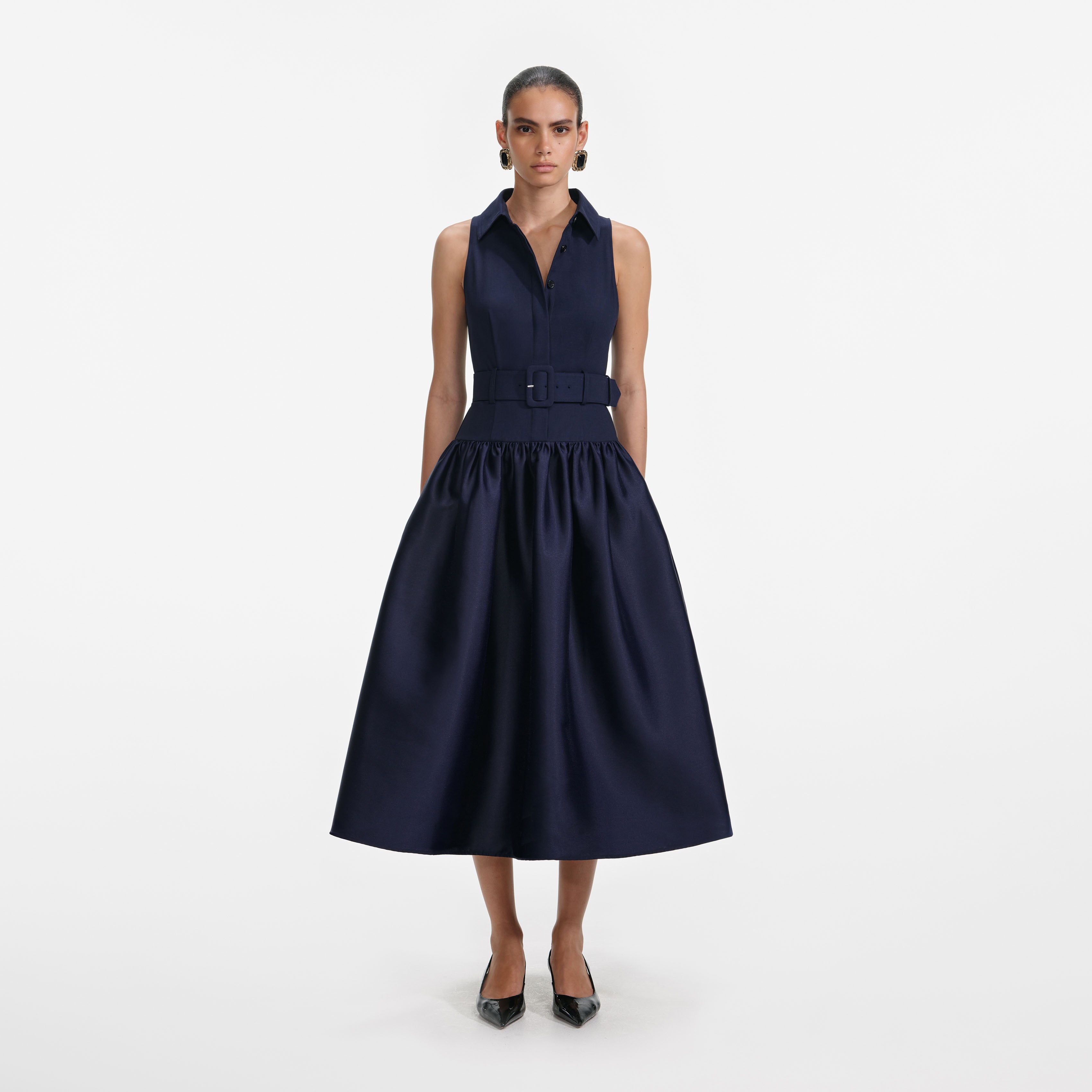 Navy sleeveless belted midi dress with full skirt and collar detail — Self-Portrait | Endless UAE