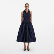 Navy sleeveless belted midi dress with full skirt and collar detail — Self-Portrait | Endless UAE